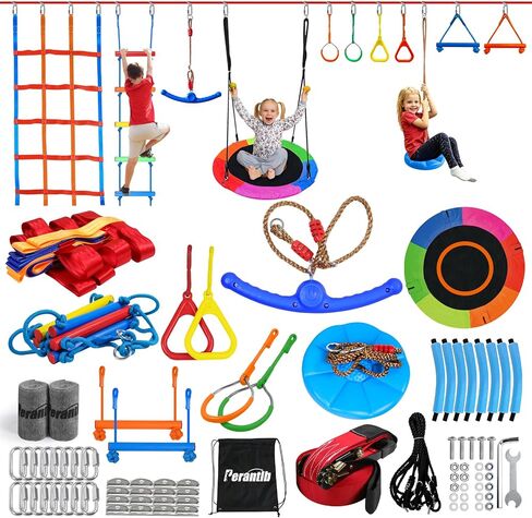 Ninja Warrior Obstacle Course for Kids-Ninja Slackline with Multiple Accessories for Kids,Contain Swings,Rope ladders,Rings,Ninja Couse for Kids Outside (2x56ft) in Kuwait