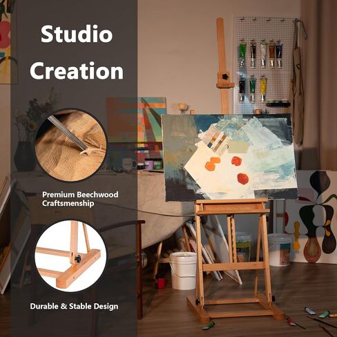 Wooden H Frame Studio Art Easel for Painting ، 67 '-95' 'ارتفاع قابل للتعديل ، أرضية كبيرة من خشب الخشب ، الحامل ، القماش يصل إلى 49' ، للبالغين ، والمبتدئين in Kuwait