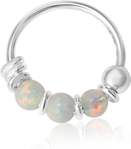 Handmade Silver Single Teany Tiny 8MM Nose Ring Cartilgae Helix Piercing Hoop Earring with Trio White Opal, 925 Sterling Silver 8MM Thin 22Gauge Hoop for women, By Miya Jewelry Creations in Kuwait