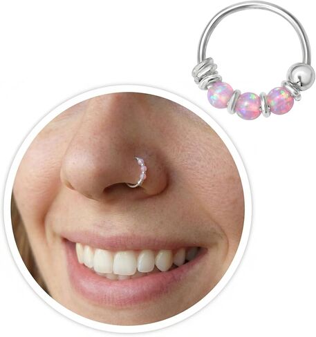 Handmade Silver Single Teany Tiny 8MM Nose Ring Cartilgae Helix Piercing Hoop Earring with Trio White Opal, 925 Sterling Silver 8MM Thin 22Gauge Hoop for women, By Miya Jewelry Creations in Kuwait