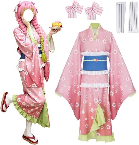Kanroji Mitsuri Cosplay Kimono Kanroji Maid Dress Uniform Outfit Full Set Halloween For Women in Saudi Arabia