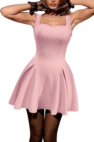 Women's Fit and Flare Mini Dress-Tank Sleeveless Square Neck Sexy Ruffle A Line Club Party Going Out Dresses in Kuwait