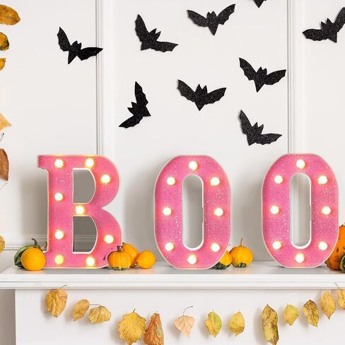 Baquler 3 Pcs Halloween Boo Decorations Light up Boo Sign Marquee LED Letters Lights Decor for Halloween Outdoor Home Room Kitchen Fireplace Tabletop Party Supplies (Black) in Saudi Arabia