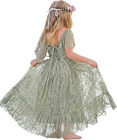 Flower Girl Dress Lace Boho Toddler Dresses Backless Ruffle Maxi Girl Dress for Wedding Holiday Beach Party in Kuwait