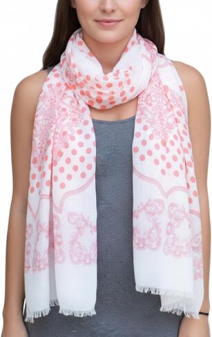 Peach Couture Polka Dot Paisley Bordered Eyelash Fringe All Season Scarf in Saudi Arabia