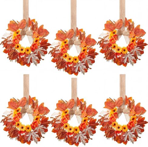 Hoteam 12 Pcs Fall Mini Wreath Thanksgiving Kitchen Cabinet Wreaths with Bow Ribbon Maple Autumn Artificial Faux Garland Small Farmhouse Decorative Garland for Front Door Wall Window in Kuwait
