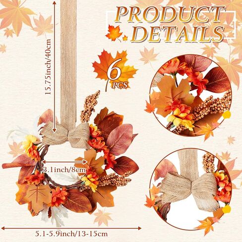 Hoteam 12 Pcs Fall Mini Wreath Thanksgiving Kitchen Cabinet Wreaths with Bow Ribbon Maple Autumn Artificial Faux Garland Small Farmhouse Decorative Garland for Front Door Wall Window in Kuwait