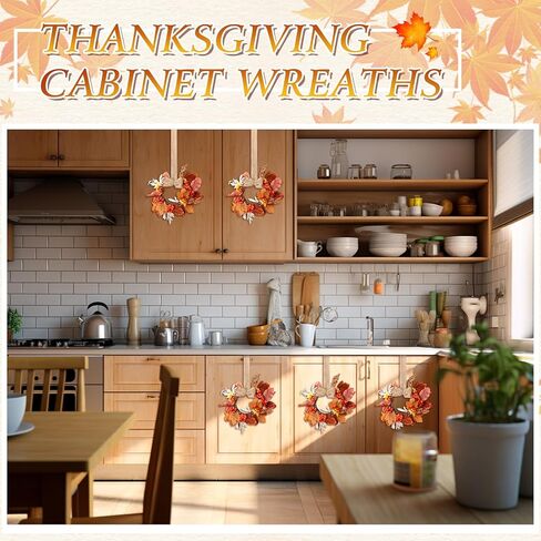 Hoteam 12 Pcs Fall Mini Wreath Thanksgiving Kitchen Cabinet Wreaths with Bow Ribbon Maple Autumn Artificial Faux Garland Small Farmhouse Decorative Garland for Front Door Wall Window in Kuwait