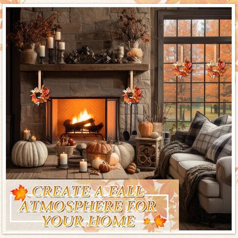 Hoteam 12 Pcs Fall Mini Wreath Thanksgiving Kitchen Cabinet Wreaths with Bow Ribbon Maple Autumn Artificial Faux Garland Small Farmhouse Decorative Garland for Front Door Wall Window in Kuwait