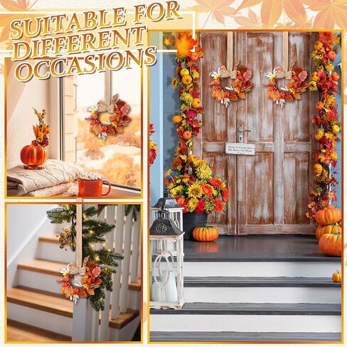Hoteam 12 Pcs Fall Mini Wreath Thanksgiving Kitchen Cabinet Wreaths with Bow Ribbon Maple Autumn Artificial Faux Garland Small Farmhouse Decorative Garland for Front Door Wall Window in Kuwait