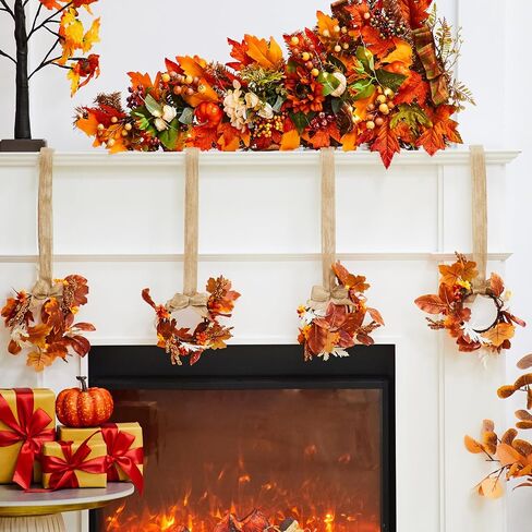 Hoteam 12 Pcs Fall Mini Wreath Thanksgiving Kitchen Cabinet Wreaths with Bow Ribbon Maple Autumn Artificial Faux Garland Small Farmhouse Decorative Garland for Front Door Wall Window in Kuwait