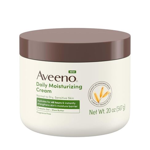 كريمة ترطيب اليومية Aveeno مع الشوفان قبل الشوفان وشيا ، الجسم ، الوجه والكريمة اليدوية لترطيب الجلد الطبيعي إلى الجاف وحساسة لمدة 48 ساعة ، خالية من العطور وغير القلبية ، 20 أوقية in Kuwait