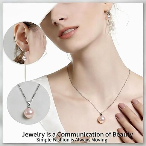 Pearl Pendant Necklace & Earrings Set for Women，Classic Pearl Jewelry Set for Brides and Wedding,12MM Pendant Necklace and 10MM Earrings for Mother or Friends in Kuwait