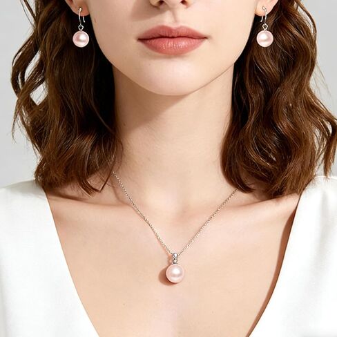 Pearl Pendant Necklace & Earrings Set for Women，Classic Pearl Jewelry Set for Brides and Wedding,12MM Pendant Necklace and 10MM Earrings for Mother or Friends in Kuwait