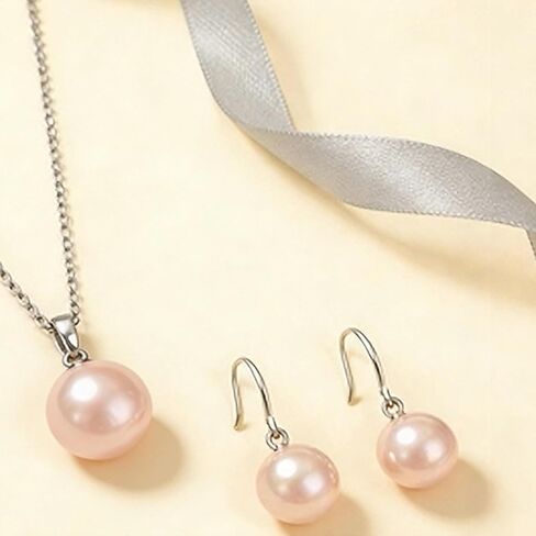 Pearl Pendant Necklace & Earrings Set for Women，Classic Pearl Jewelry Set for Brides and Wedding,12MM Pendant Necklace and 10MM Earrings for Mother or Friends in Kuwait