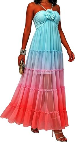 Vaceky Maxi 3D Floral Halter Prom Dresses Womens Beach Wedding Guest Nightgowns in Kuwait