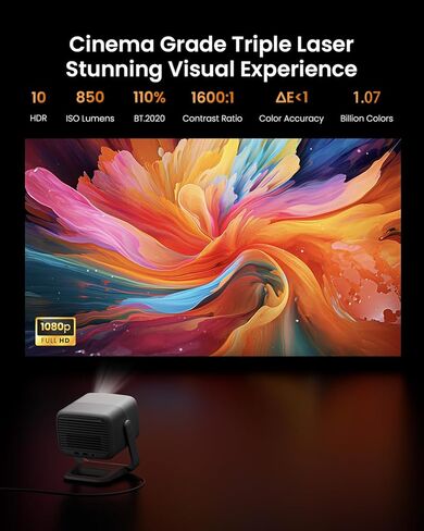 جهاز عرض JMGO N1 المحمول 1080P FHD، يدعم 4K، جهاز عرض أفلام ليزر ثلاثي الألوان MALC ™ 150 بوصة للمسرح المنزلي في الهواء الطلق، تصحيح الصور التلقائي Gimbal، 800 لومن، مكبرات صوت Dynaudio 2x5W، Android TV 11 in Kuwait