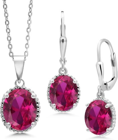 Gem Stone King 8.00 Cttw Red Created Ruby Pendant and Earrings Jewelry Set For Women | 925 Sterling Silver | Oval 11X9MM and 9X7MM | With 18 Inch Silver Chain in Kuwait