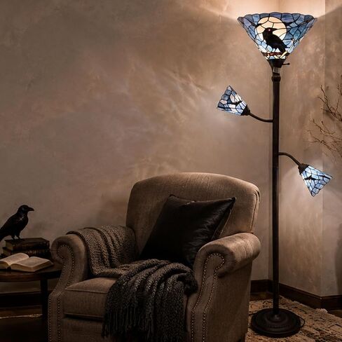 Bieye L10957 Raven Sitting on Bare Tree Branch Again Full Moon Tiffany Style Stained Glass Torchiere Floor Lamp with Sidelights for Reading Home Decor, 70-inches Tall (Dark Blue) in Saudi Arabia
