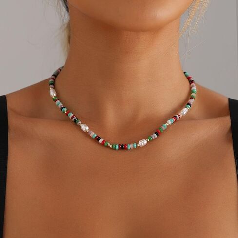 Colorful Beaded Necklaces for Women Dainty Boho Choker Y2K Trendy Summer Beach Vacation Pearl Necklace Accessories Jewelry in Kuwait