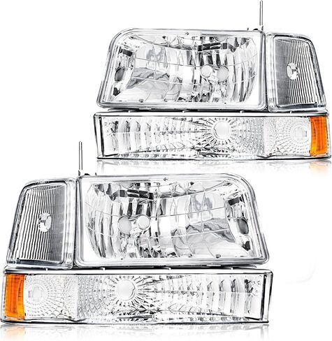 Headlight Assembly, Headlights Replacement Compatible with 1992 1993 1994 1995 1996 Ford F150 F250 F350/1992-1996 Bronco Headlamp Bumper Lamp Set Chrome Housing Amber Reflector in Kuwait