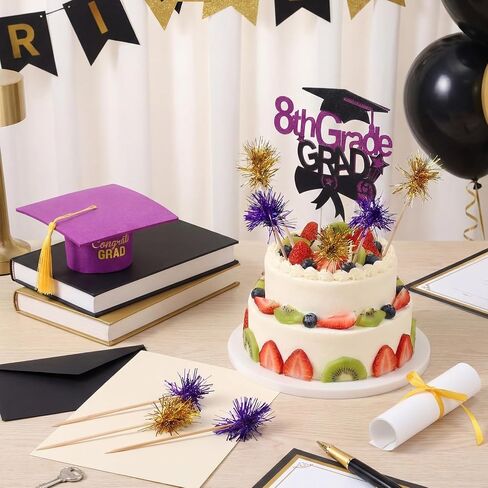 شملت مجموعة كعكة التخرج من الصف الثامن 13 PCS CAKE CAKE GLITER TOPPORS CAPE CAP مع ديكور دبلوم شرابة لعام 2025 لوازم الحفلات الدراسات العليا في الصف الثامن (الذهب الأسود) in Kuwait