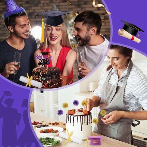 شملت مجموعة كعكة التخرج من الصف الثامن 13 PCS CAKE CAKE GLITER TOPPORS CAPE CAP مع ديكور دبلوم شرابة لعام 2025 لوازم الحفلات الدراسات العليا في الصف الثامن (الذهب الأسود) in Kuwait