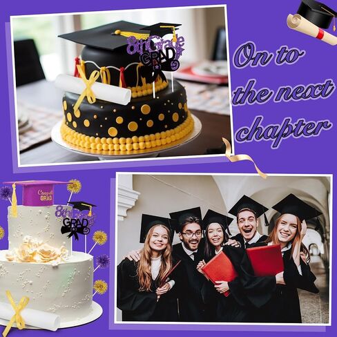 شملت مجموعة كعكة التخرج من الصف الثامن 13 PCS CAKE CAKE GLITER TOPPORS CAPE CAP مع ديكور دبلوم شرابة لعام 2025 لوازم الحفلات الدراسات العليا في الصف الثامن (الذهب الأسود) in Kuwait