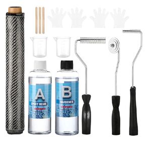 13 Pcs Carbon Fiber Repair Set 60" x 12" Carbon Fabric Fiber Cloth Roll 3pcs Fiberglass Resin Bubble Roll Tools 8oz Epoxy Resin & Hardener Measuring Cups Sticks Gloves for Cars Bike Boat in Kuwait