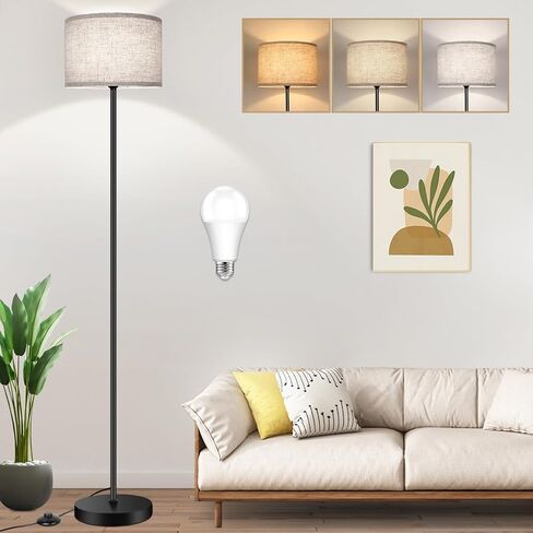 Tobusa Floor Lamp لغرفة نوم غرفة المعيشة مع لمبة LED 3CCT ، وظل طبل المصباح الدائم الحديثة ، طوله 65 'مع مفتاح القدم القطب الأسود ، مصباح التصميم البسيط القابل للوقت لقراءة المكتب المنزلي in Kuwait