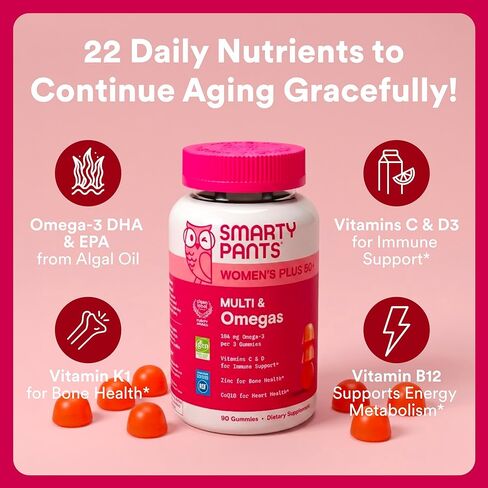 Smartypants MultipiTamin Gummy للنساء 50 وما فوق - صيغة محسنة: أوميغا 3 (DHA/EPA) ، ميثيلفولات ، CoQ10 ، فيتامين D3 ، C ، فيتامين B12 ، B6 ، A ، K ، Biotin ، خالية من الغلوتين ، 90 عدد (إمدادات 30 يوم) in Kuwait