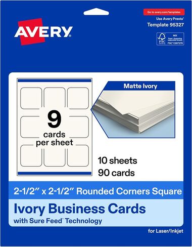 Avery Printable Square Rounded Corner Business Cards with Sure Feed Technology, 2-1/2" x 2-1/2", Matte Ivory Cardstock, Print-to-the-Edge, Laser/Inkjet, 450 Total in Kuwait