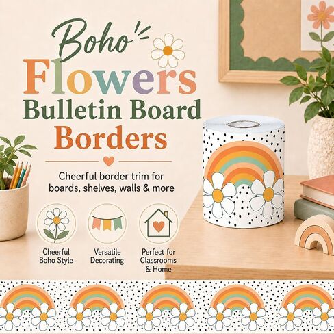Bulletin Board Borders Classroom Decor ، Boho School Bulletin Board Board Roll Roll Decoritions ، 60ft Bulletin Board Trim ، Back to School Teachers Decoration ، Blackboard Cesks Corkers Door Decor in Kuwait
