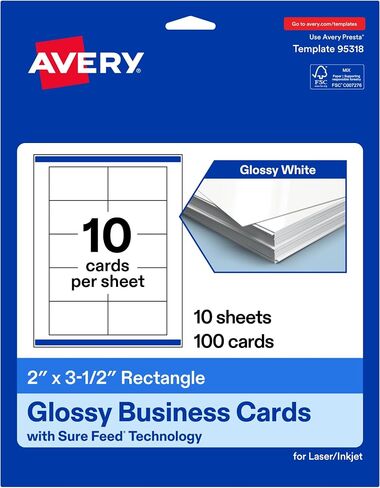 Avery Printable Rectangle Business Cards with Sure Feed Technology, 2" x 3-1/2", Glossy White Cardstock, Laser/Inkjet, 250 Total in Kuwait
