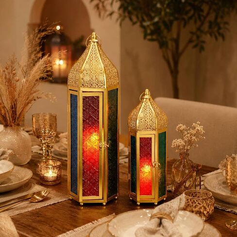 TRIROCKS Set of 2 Moroccan Candle Lanterns 22.5''&15'' H Decorative Candle Holder Hanging Lanterns with Embossed Colored Tempered Glass Ramadan Decorations for Home Outdoor Indoor Patio Weddings(Gold) in Kuwait