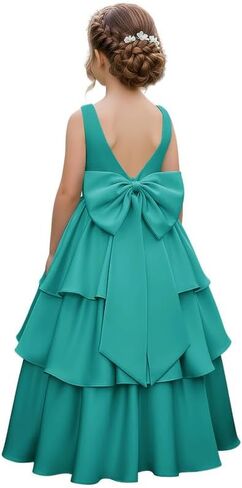 Satin Flower Girl Dress for Wedding Bow Knot Layers Ball Gowns Sleeveless V Back First Communion Long Dress in Kuwait