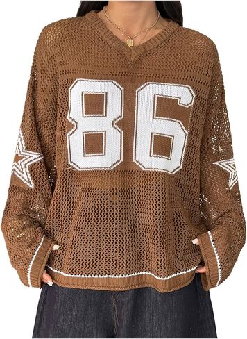 Floerns Women's Oversize Number Sweater Casual Hollow Out V Neck Street Pullover Top in Kuwait