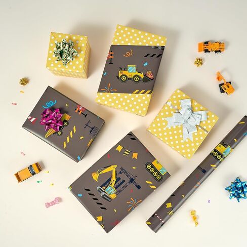 Wernnsai Construction Construction Roversible Rapping Paper Roll - 1 Roll 17 "× 33 قدمًا شاحنة عيد ميلاد الورق لفة الأولاد الأطفال in Kuwait