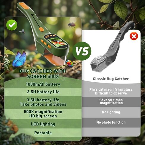 SEEKID Bug Catcher للأطفال مع شاشة 2.4 بوصة، مجموعة أدوات التقاط الحشرات مع تسجيل الصور والفيديو، مجموعة مراقبة الحشرات المحمولة، لعبة استكشاف العلوم الجذعية في الهواء الطلق للبنين والبنات (أخضر داكن) in Kuwait