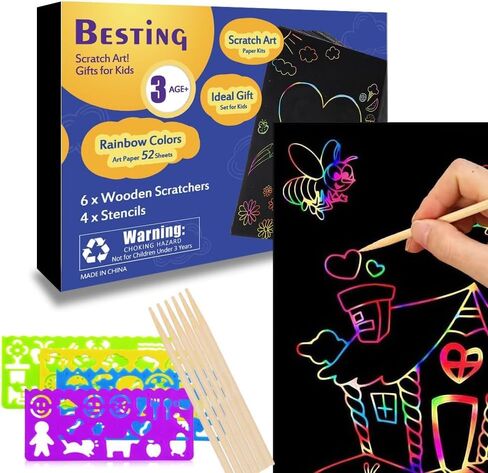 52 Pcs Rainbow Scratch Paper Art Set 8.3" x 11.02" Black Scratch Off Big Size Art Book Crafts Kit Ideal for Kids DIY Party Favors Game Activities Birthday and Christmas Gifts (SP862) in Kuwait