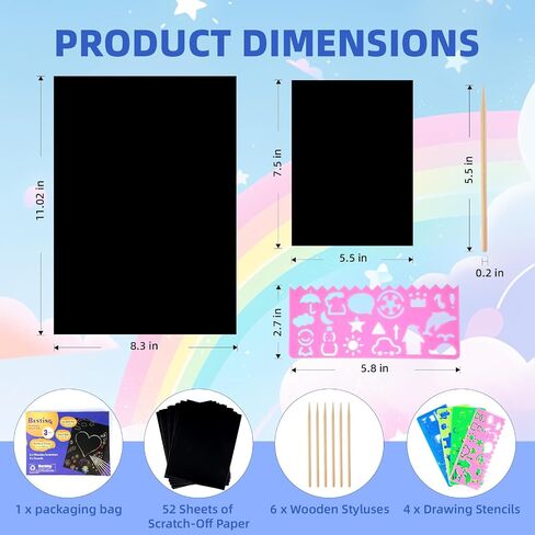 52 Pcs Rainbow Scratch Paper Art Set 8.3" x 11.02" Black Scratch Off Big Size Art Book Crafts Kit Ideal for Kids DIY Party Favors Game Activities Birthday and Christmas Gifts (SP862) in Kuwait