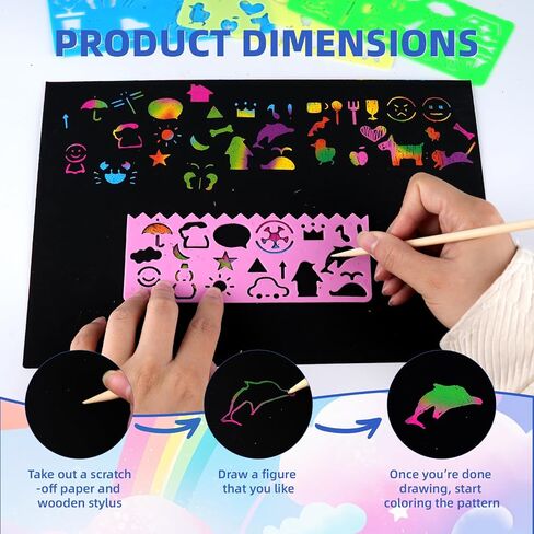 52 Pcs Rainbow Scratch Paper Art Set 8.3" x 11.02" Black Scratch Off Big Size Art Book Crafts Kit Ideal for Kids DIY Party Favors Game Activities Birthday and Christmas Gifts (SP862) in Kuwait
