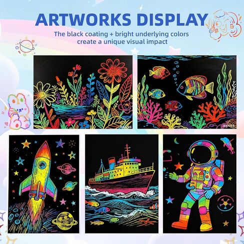52 Pcs Rainbow Scratch Paper Art Set 8.3" x 11.02" Black Scratch Off Big Size Art Book Crafts Kit Ideal for Kids DIY Party Favors Game Activities Birthday and Christmas Gifts (SP862) in Kuwait