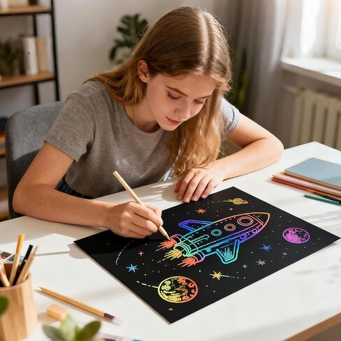 52 Pcs Rainbow Scratch Paper Art Set 8.3" x 11.02" Black Scratch Off Big Size Art Book Crafts Kit Ideal for Kids DIY Party Favors Game Activities Birthday and Christmas Gifts (SP862) in Kuwait