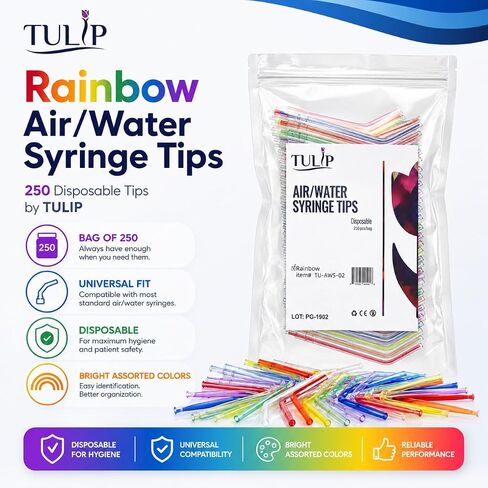 Tulip 250 Dental Air Water Syringe Tips, Disposable Spray Nozzles for Oral Cleaning, Universal Fit, Leak Free Design (Rainbow, Assorted) in Kuwait