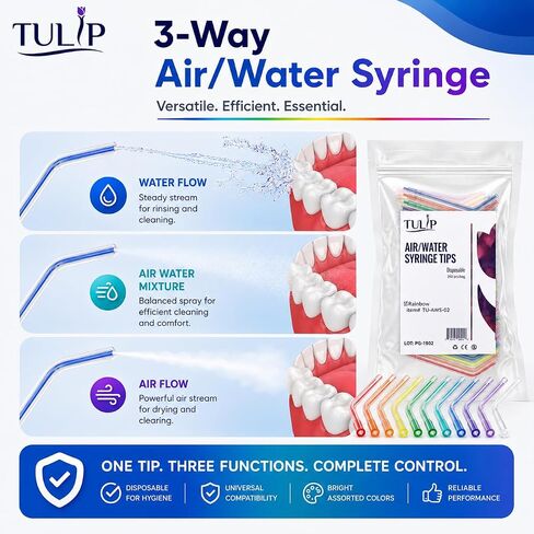Tulip 250 Dental Air Water Syringe Tips, Disposable Spray Nozzles for Oral Cleaning, Universal Fit, Leak Free Design (Rainbow, Assorted) in Kuwait