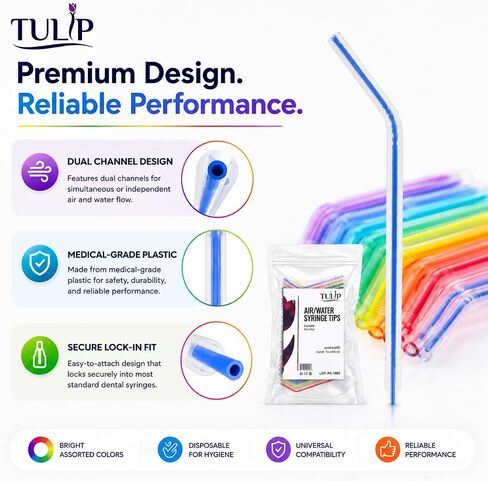 Tulip 250 Dental Air Water Syringe Tips, Disposable Spray Nozzles for Oral Cleaning, Universal Fit, Leak Free Design (Rainbow, Assorted) in Kuwait