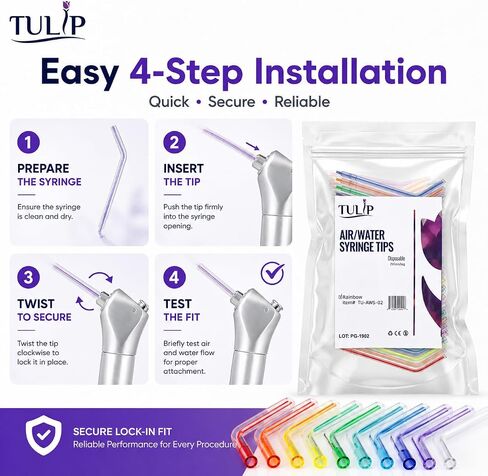 Tulip 250 Dental Air Water Syringe Tips, Disposable Spray Nozzles for Oral Cleaning, Universal Fit, Leak Free Design (Rainbow, Assorted) in Kuwait