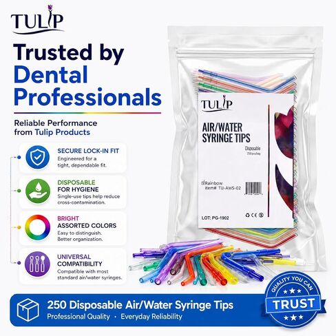 Tulip 250 Dental Air Water Syringe Tips, Disposable Spray Nozzles for Oral Cleaning, Universal Fit, Leak Free Design (Rainbow, Assorted) in Kuwait