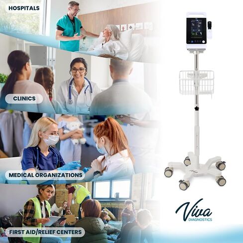 جهاز مراقبة العلامات الحيوية Omni Spot من VivaDiagnostics مع عربة متنقلة، مراقب العلامات الحيوية، يتضمن مقياس حرارة in Kuwait